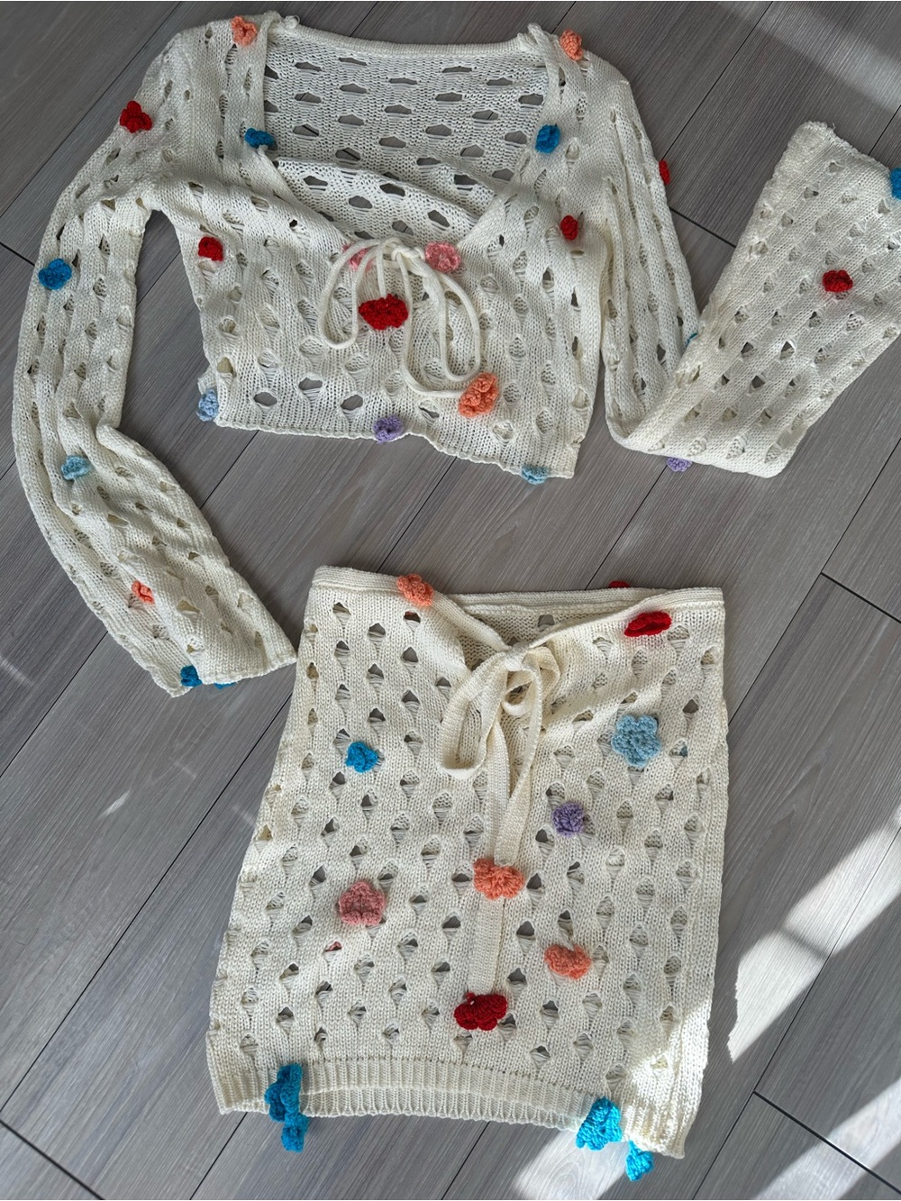 Cream Crochet Two-Piece Set with Multicolor Flower Appliqués
